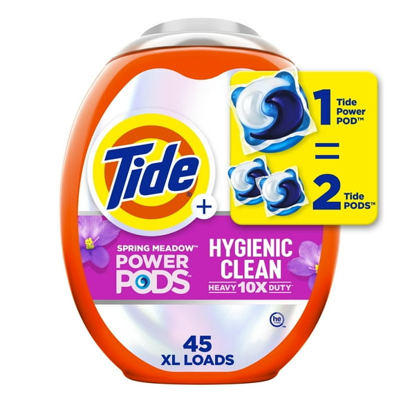 Tide Hygienic Clean Heavy 10x Duty Power PODS Laundry Detergent Pacs, Spring Meadow Scent, For Visible and Invisible Dirt, 45 Count