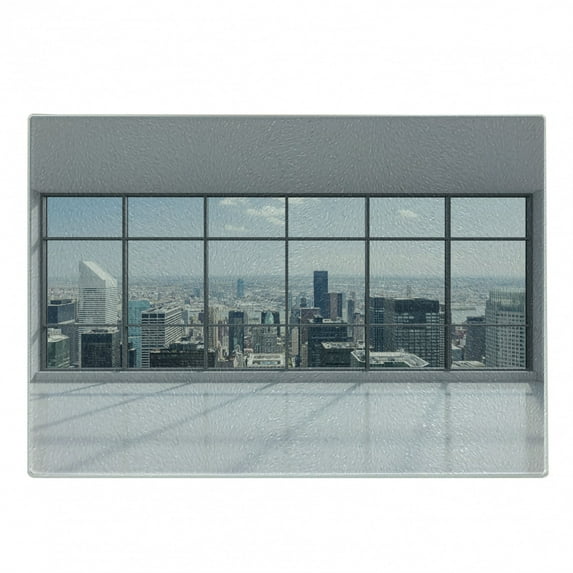 City Cutting Board, Clean Office with Big Window Downtown Skyscraper Buildings Domestic Cityscape Art, Decorative Tempered Glass Cutting and Serving Board, Small Size, Grey White, by Ambesonne