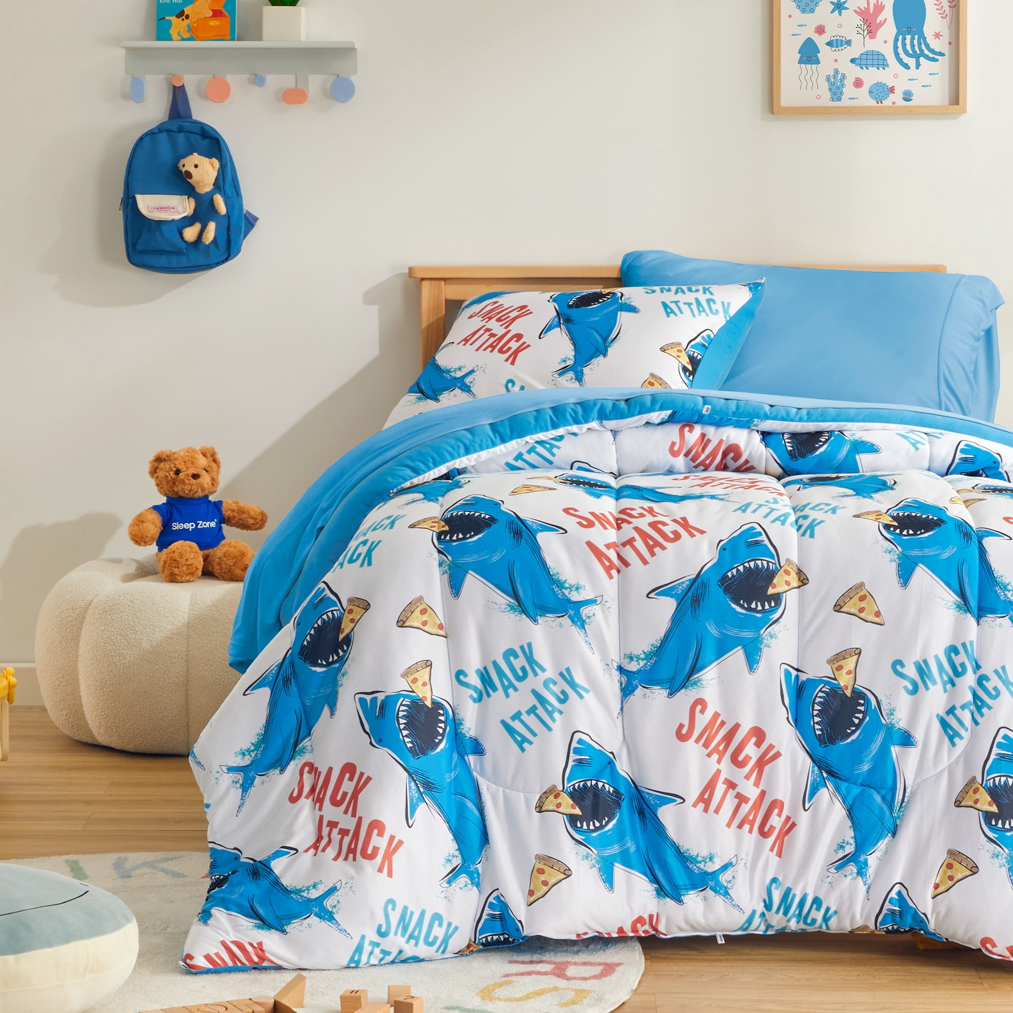 Sleep Zone Jersey Knit 3-Piece Full/Queen Size Comforter Set, Lightweight Kids Bedding Sets for All Seasons, Fluffy Soft, Easy Care (Sharks, Full/Queen)