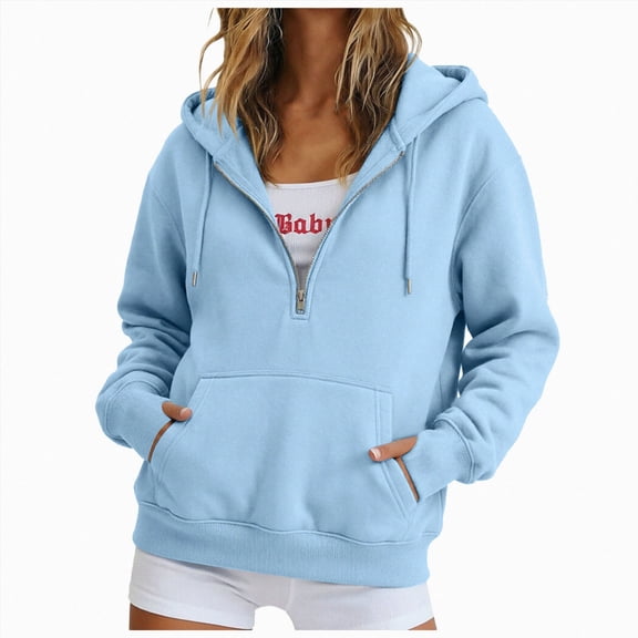 felwors Quarter-Zip Pullover Fleece Hoodie in Baby Blue Oversized Sweatshirt with Kangaroo Pocket for Women Fall Casual Soft Blue for Size XXXL