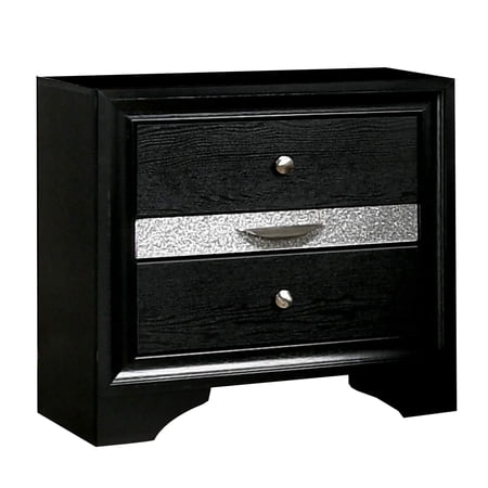 Nightstand with Silver Trim Accent Solid Wood Bedside Table with Jewelry Drawer and 2 Storage Drawers Black Finish with Metal Knobs and Bracket Feet for Bedroom Malaysia Origin