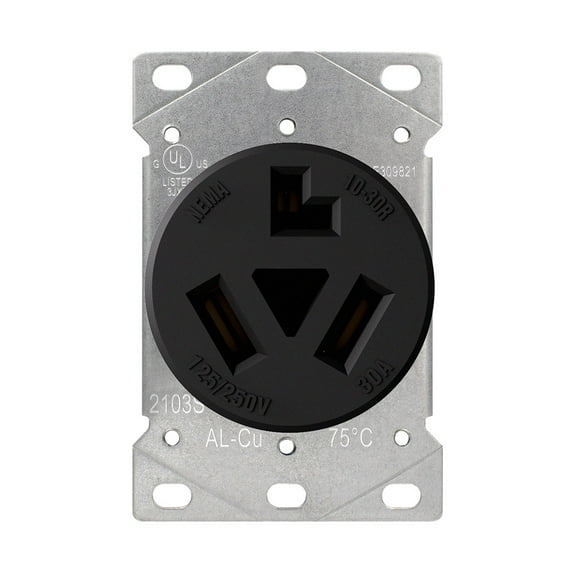 Hyper Tough Flush Mount 30A Dryer Outlet, 125-250V, 3-Wire, Single/2-Gang Box Compatible