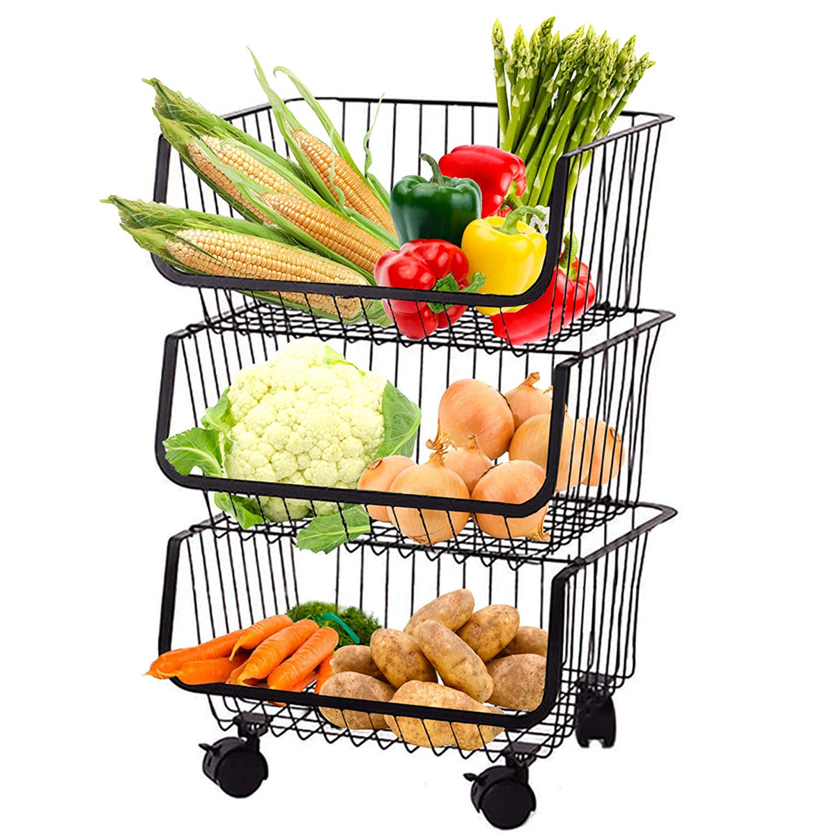 Multifunctional Rolling Stackable Baskets, 2/3/4/5 Tiers Black Wire
