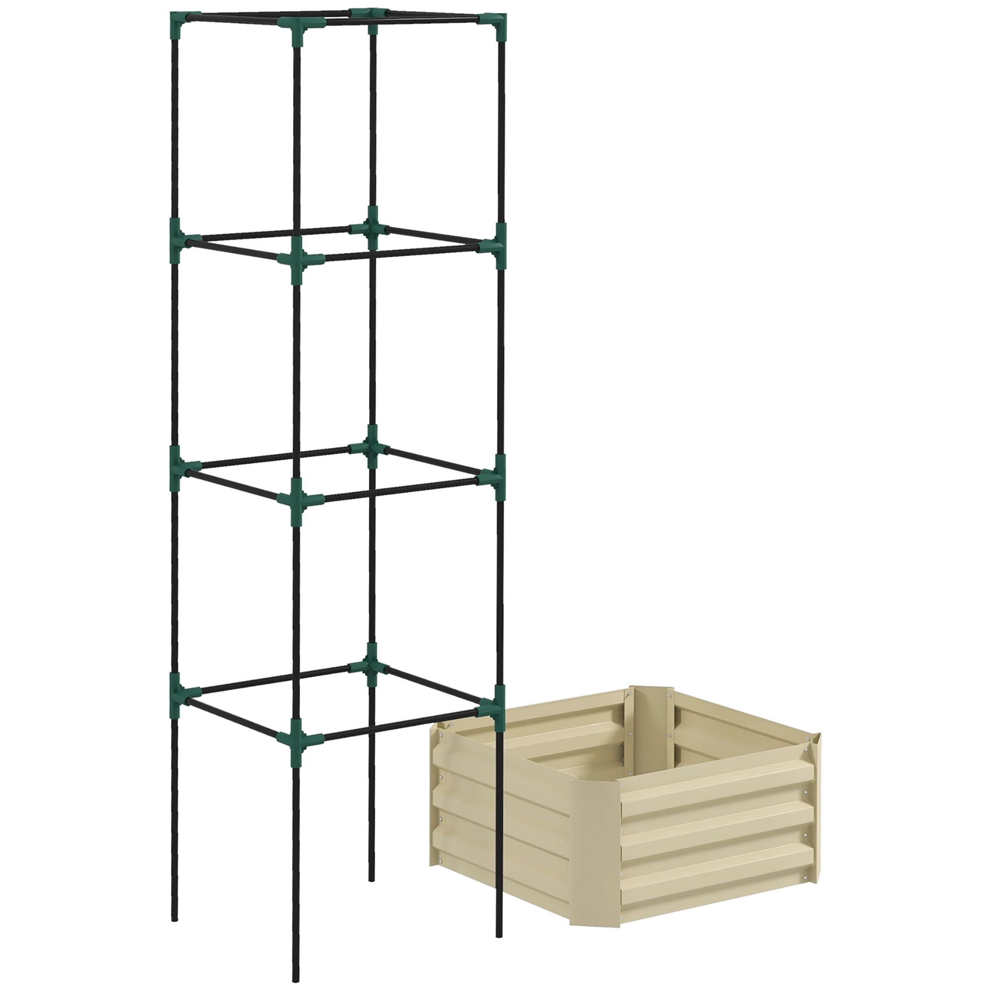 Outsunny Galvanized Steel Raised Garden Bed with Adjustable Tomato Trellis Cage, 24" x 24" x 73.5" Cream White Planter for Vegetables and Climbing Vines in Backyard or Patio