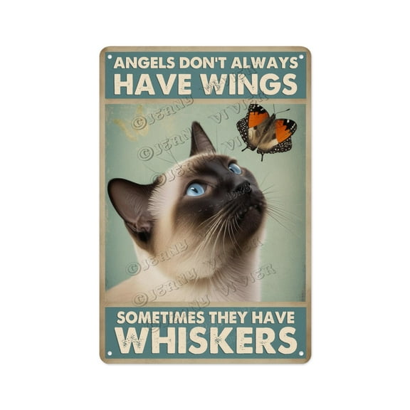 Retro Siamese Cat Decor Metal Sign, Angel Always Don't Have Wings, 8 x 12 Inches, Ideal Wall Art for Your Cat Themed Kitchen or Café