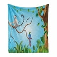 thumbnail image 1 of Lemur Soft Flannel Fleece Throw Blanket, Exotic Parrot and Ring Tailed Monkey Tropical Botanics Cartoon, Cozy Plush for Indoor and Outdoor Use, 50" x 60", Umber Forest Green, by Ambesonne, 1 of 5