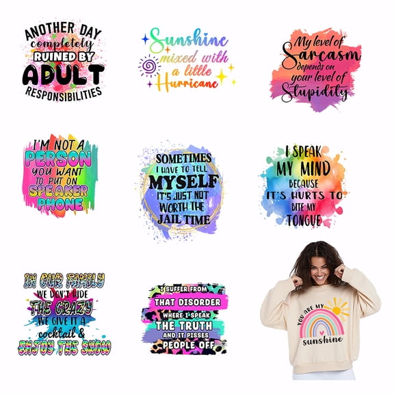 9PCS Funny Sayings Iron On Transfer Patches Colorful Heat Transfer Stickers Fun Text DIY Iron On Decals Washable Heat Transfers Paper