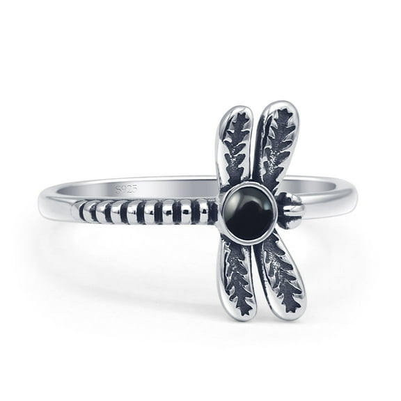 Dragonfly Oxidized Round Ring Black Agate 925 Sterling Silver Size 4