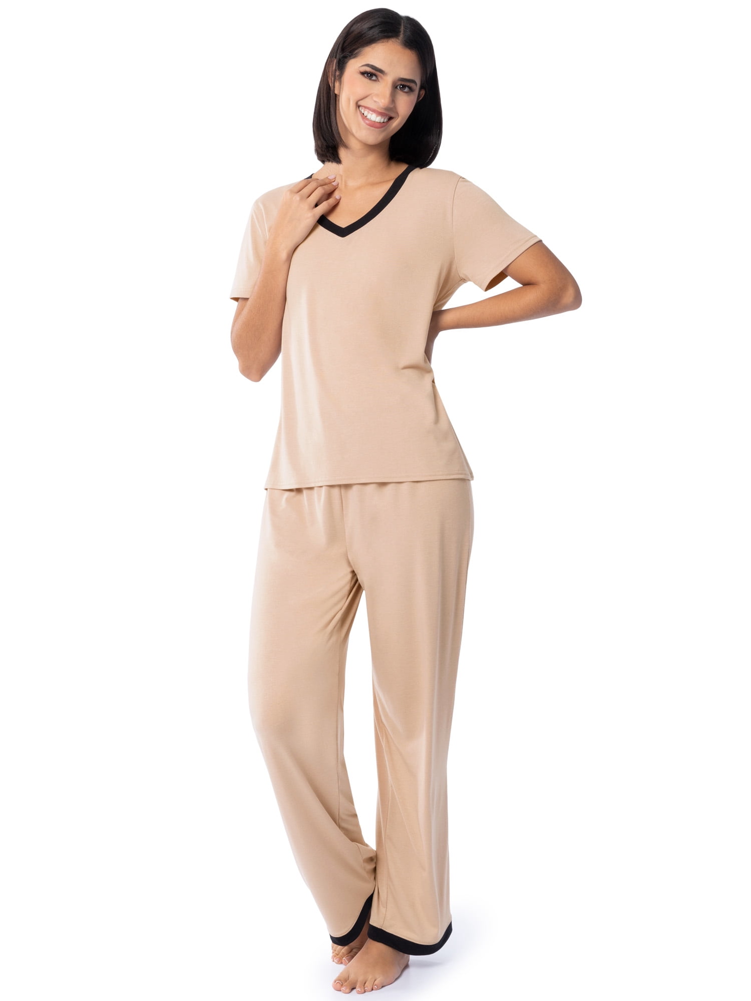 Fruit of the Loom Women's Soft & Breathable V-Neck Short Sleeve Top & Pajama Pant Set, Sizes S-4X