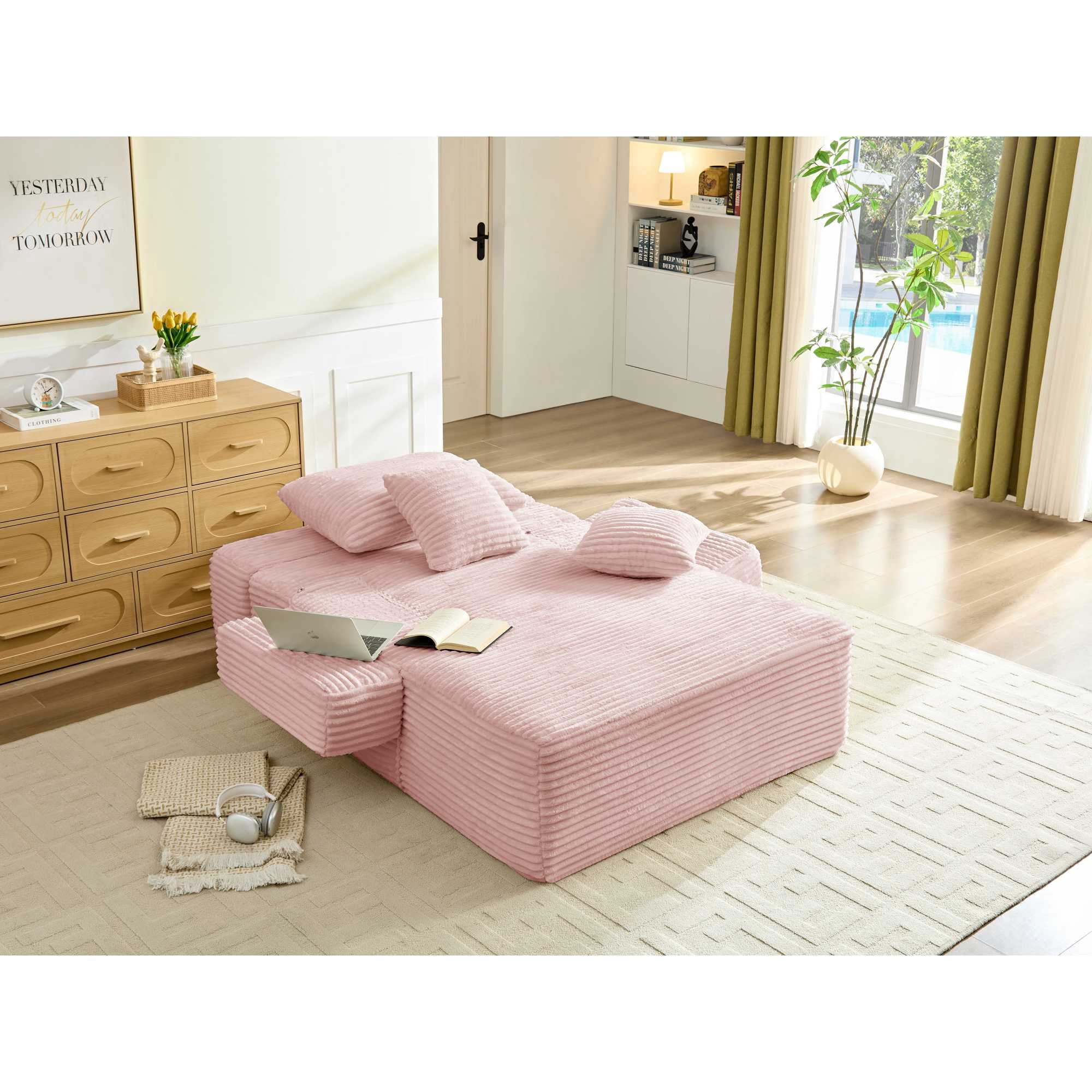 Leumius 70.8" Chaise Lounge Chair Indoor,Oversized Boneless Lounge Chair with Adjustable Backrest & Storage Pocket,Cloud Reading Chair for Living Room Bedroom, No Assembly Required,Pink