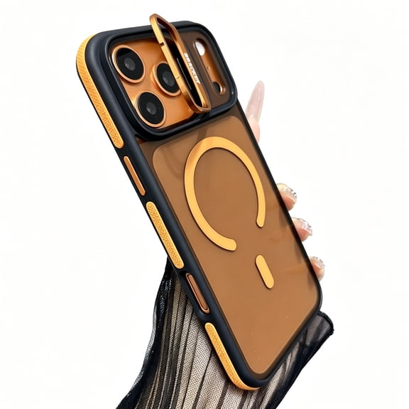 ArtCaseLab Magnetic Phone Case for iPhone 17 Pro Max with MagSafe Compatible, Flip Camera Lens Cover Kickstand, Clear Shockproof Case with Orange Non Slip Grip Frame