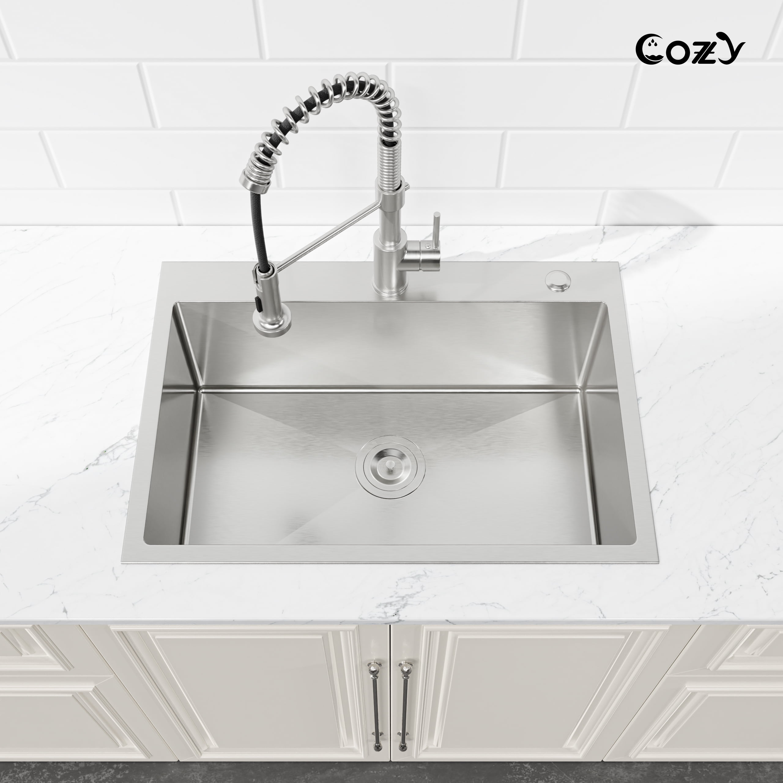 Stainless Steel Single Bowl Kitchen Sink 27x19 inch, 1-Piece Overmount Brushed with US Drain & Hook, SS-BR02D-271908