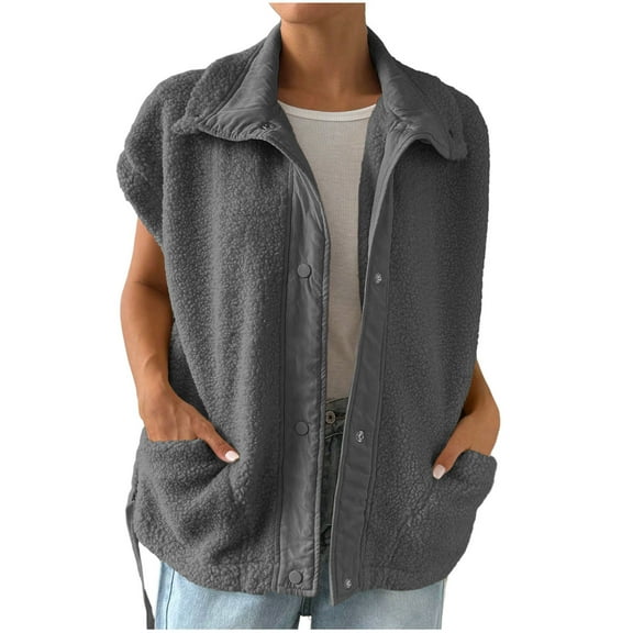 LpwkSSA Women Pocket Winter Vests Sleeveless Fleece Casual Fashion Jacket Short Turn Down Collar Jacket Winter Sleeveless Fleece Button Solid Outerwear Fall Lightweight Coat Gray,M