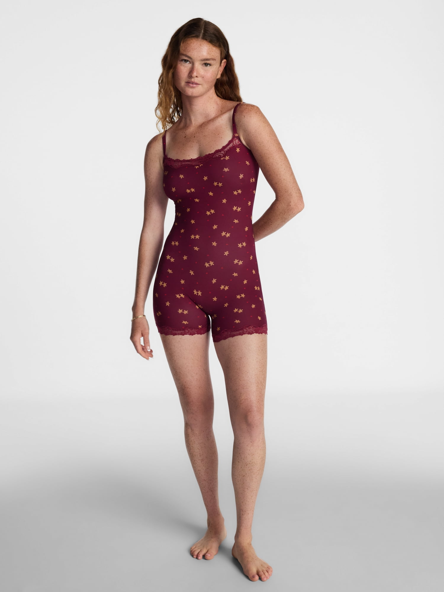 No Boundaries Fit Stretch Lace Trim Scoop Neck Romper, Women's XS-XXXL