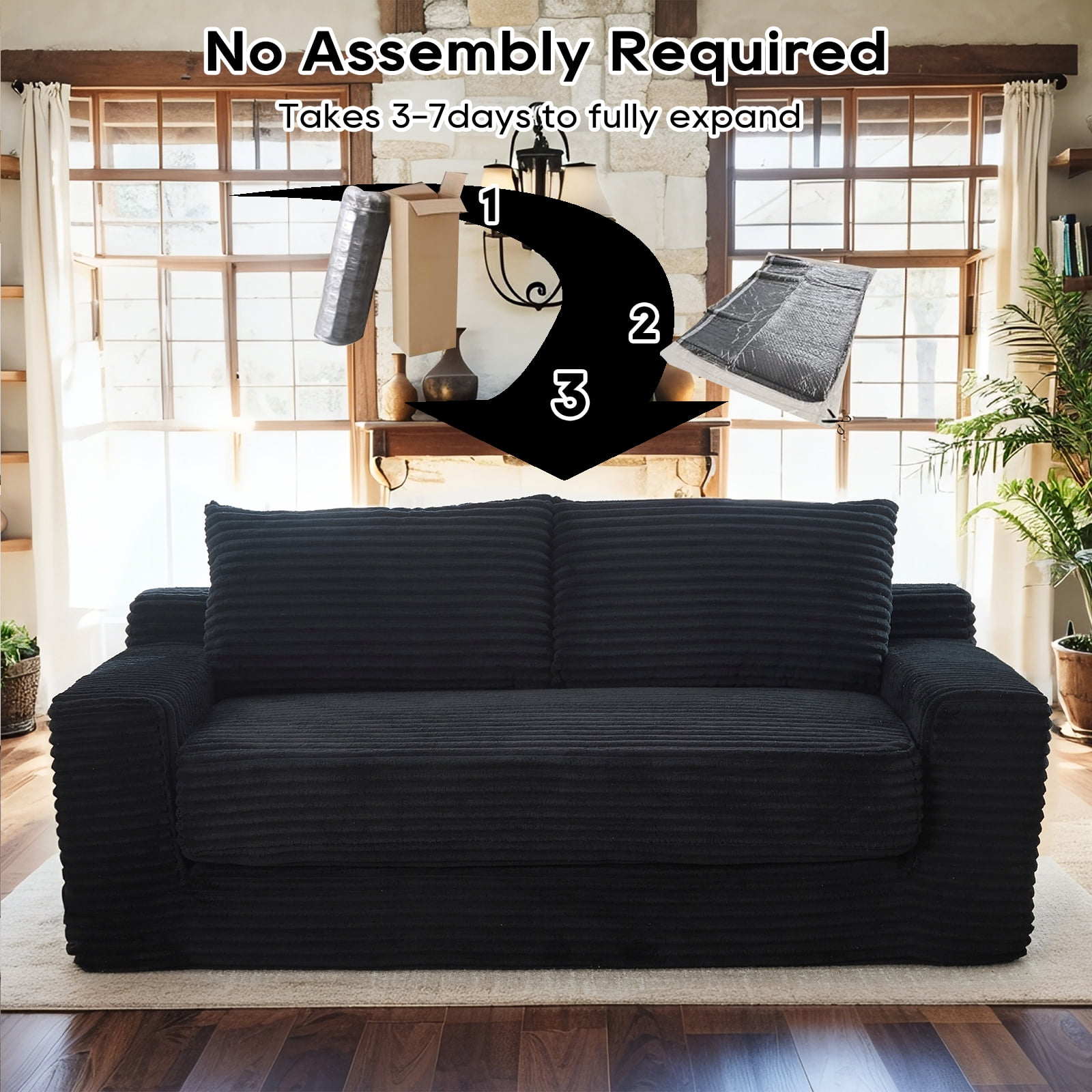 Leumius Convertible Loveseat Compression Sofa for Living Room,Corduroy 2 Seater Couch Memory Foam Sofa for Small Spaces,Apartments,Office,Black