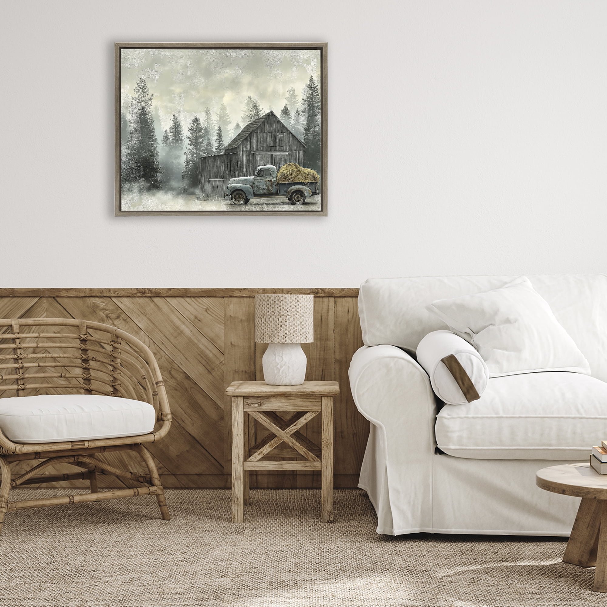 Stupell Industries Vintage Pickup at Misty Barn Brown Framed Floater Canvas Wall Art, design by Imagine It Images