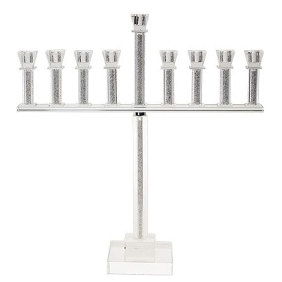 Judaica Place Crystal Oil Chanukah Menorah with Crushed Stones in Tall Straight Stems - 20" High Hanukkah Menorah - Fits Standard Chanukah Oil Cups