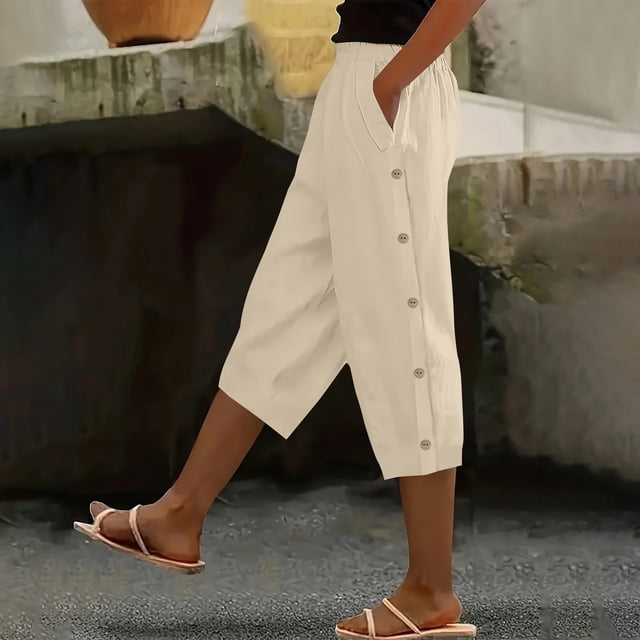 TaTaai Women's Casual 7/8 Length Pants Straight Leg Linen-Like Fabric with Elastic Waistband Side Pockets and Decorative Buttons for Spring Summer Outfits Gift