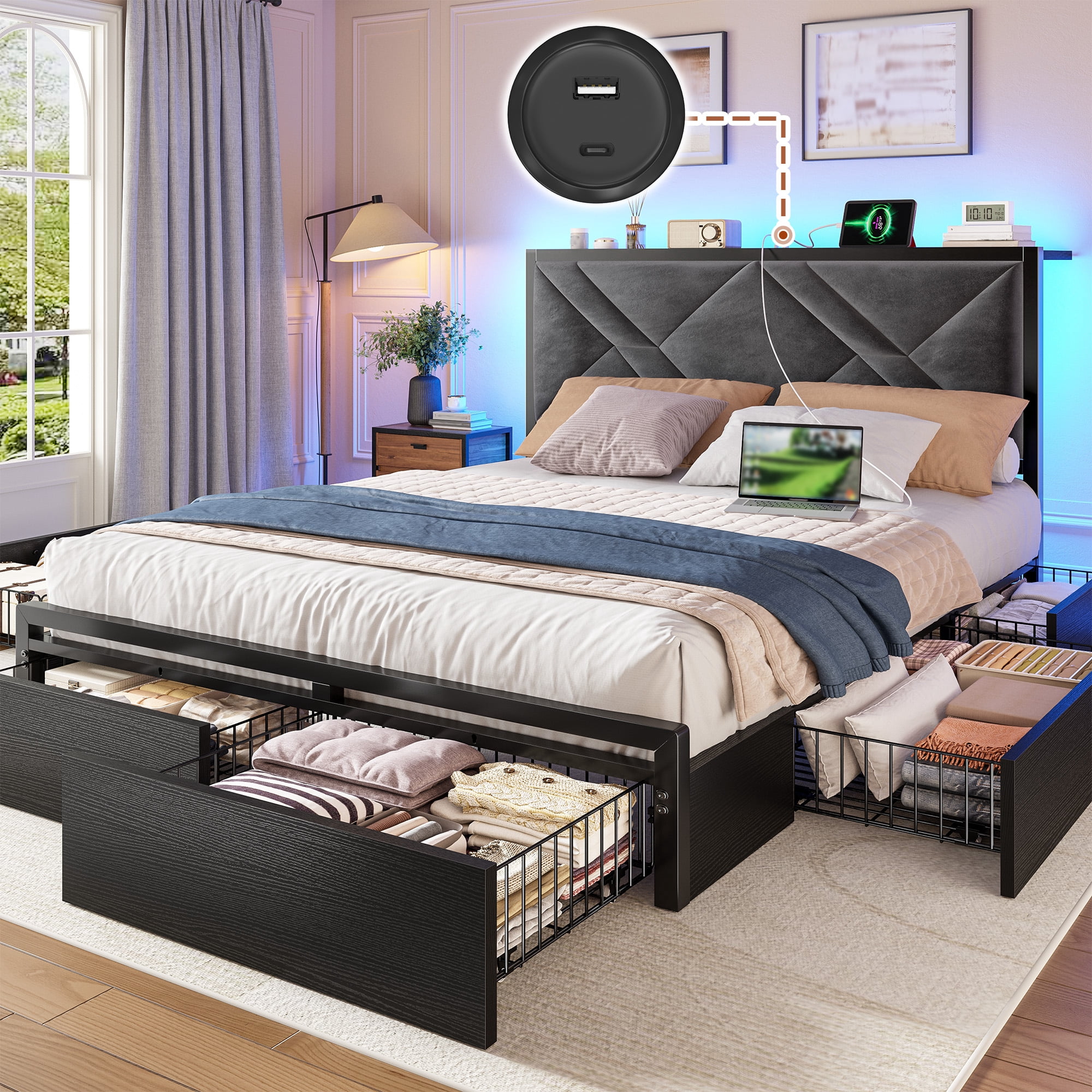 EnHomee Queen Size Bed Frame with 6 Drawers Queen Bed Frame with Storage Upholstered Platform Bed Frame with LED lights & Charging Station, No Box Spring Needed, Black