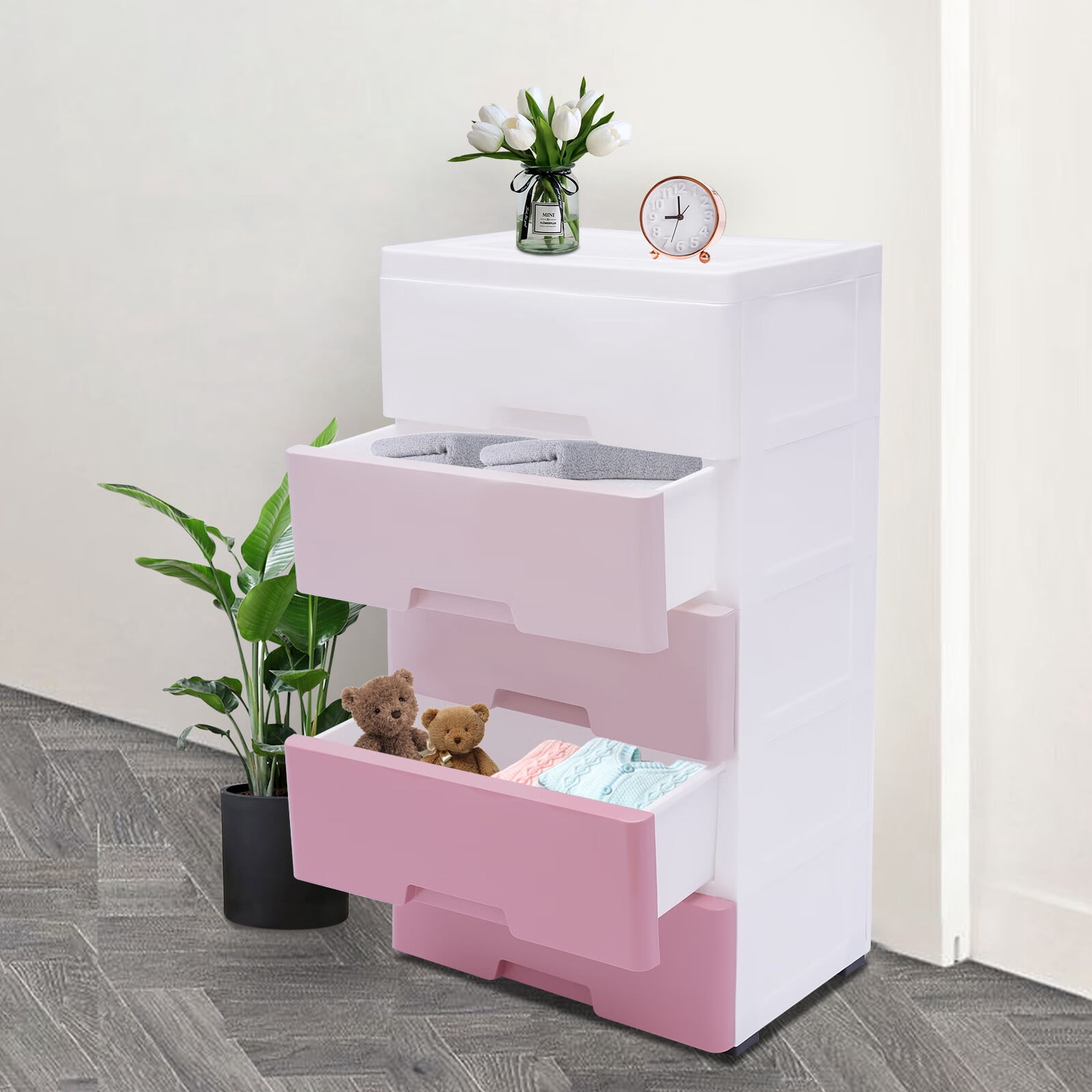Loyalheartdy 5-Layer Dresser Storage Cabinat Plastic Drawers  w/ Wheels Bedside Table Organizer for Clothes Toys (Pink)