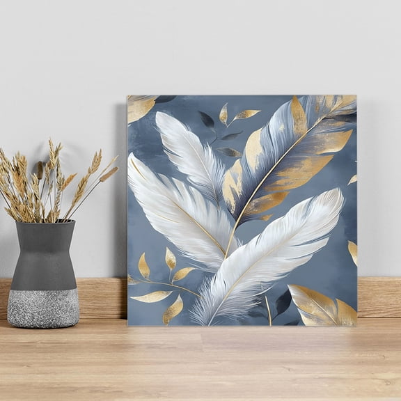 Gold White Feather Wall Art Painting on Canvas, Modern Spring Blue Leaf Oil Painting Canvas Art Home Prints Wall Art Framed Modern Artwork for Living Room Bedroom Wall Decor 8x8in