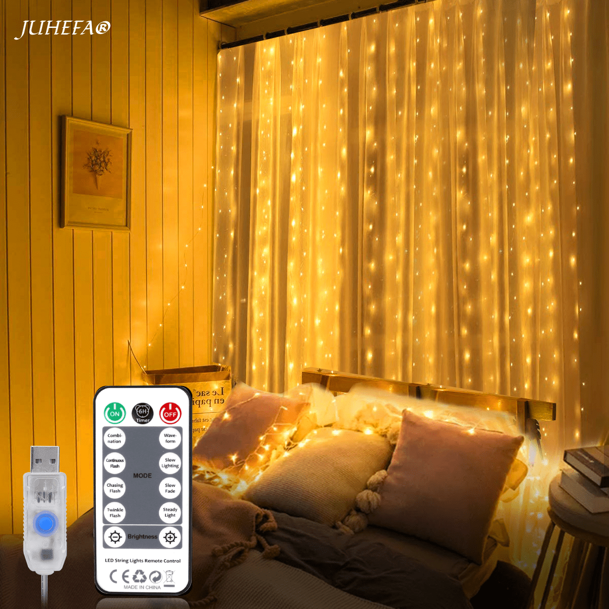 Juhefa String Lights Lights with Remote,7.9' L x 5.9' W 144-Bulb USB Plug-in Light for Wedding Home Bedroom Decor,Warm White