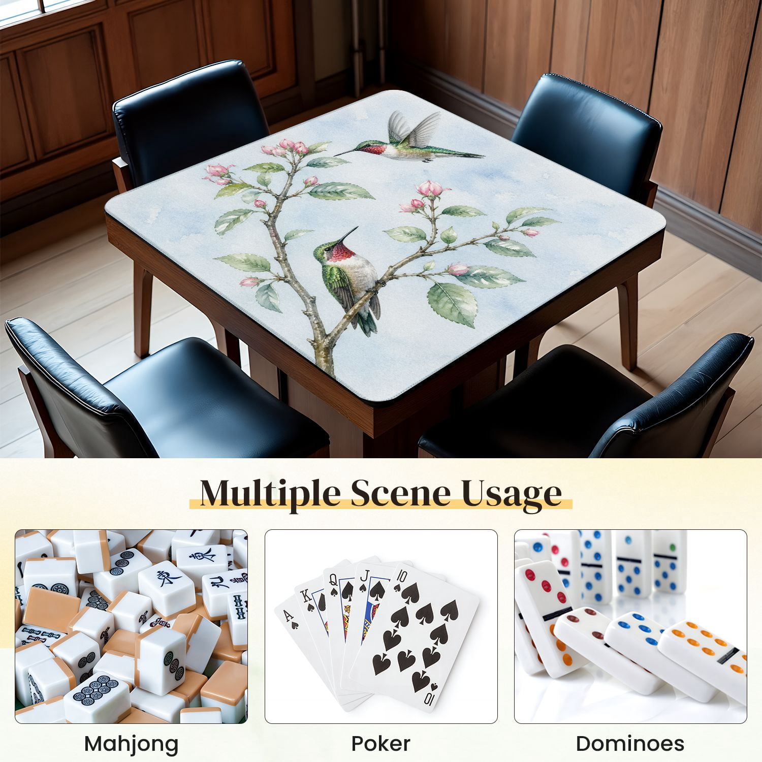 Mahjong Mat 31.5" x 31.5" Hummingbirds Green Leaves Elegant Watercolor Style Non-Slip Noise Reduction Mahjong Tiles Table Cover for Dominoes Poker Card Board and Tile Games