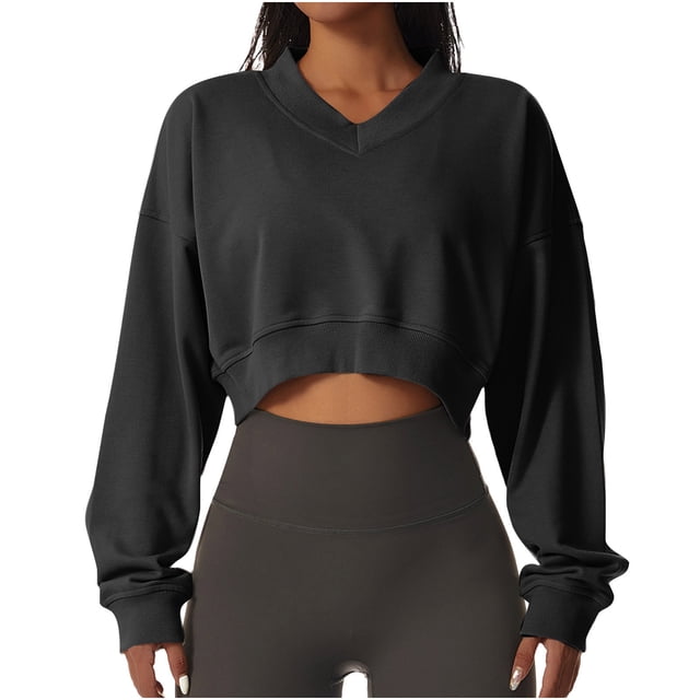 Timegard Cropped Sweatshirt for Women V Neck Workout Athletic Pullover Tops Casual Solid Color Tops