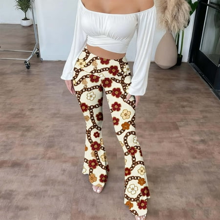 AGWOLF Women s High Waisted Flare Leggings Floral Bell Bottoms Yoga Pants Vintage 70S Long Pant Beige M
