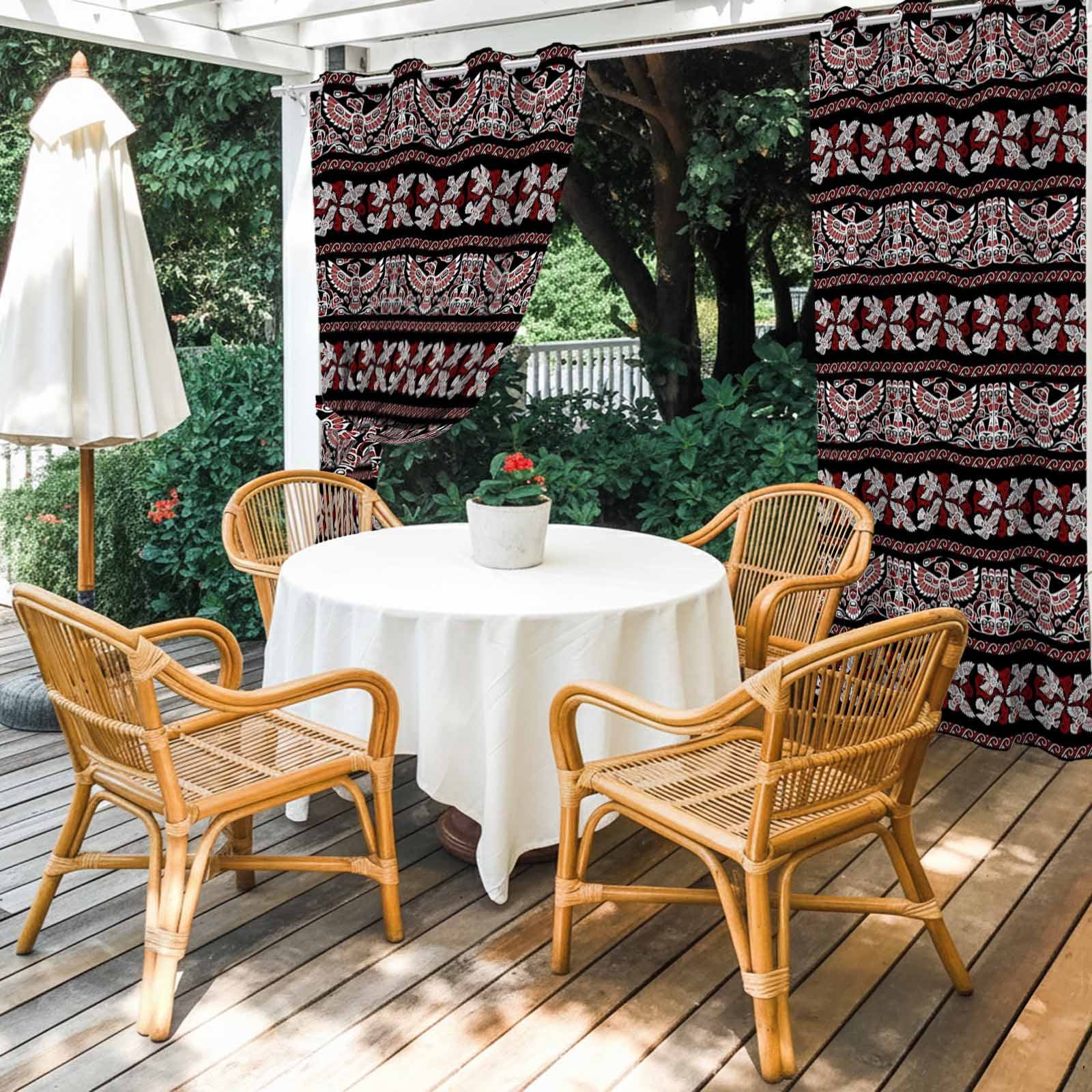 Ethnic Tribal Style Outdoor Curtains for Patio, Bird Geometric Boho Red Black Rustic Sunshade Privacy Drapes Grommet Waterproof Outside Curtains for Porch/Cabana/Balcony 54"x 108", 1 Panel
