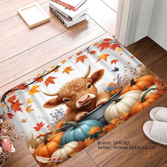 SPXUBZ Autumn Highland Cow with Pumpkins Non Slip Flannel Floor Mat for Bathroom Kitchen Bedroom Decor 16x24 inch