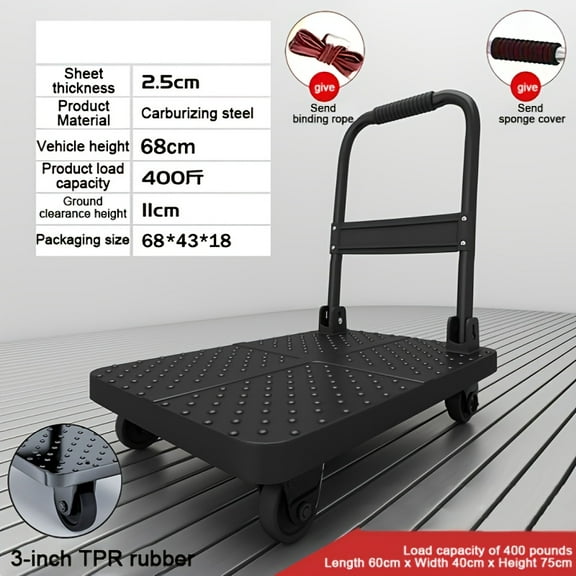 Upgraded Household Large Foldable Trolley 400-pound Load-bearing Mobile Platform Trolley Heavy Space-saving Foldable Rotary Trolley Steel Flatbed Trolley