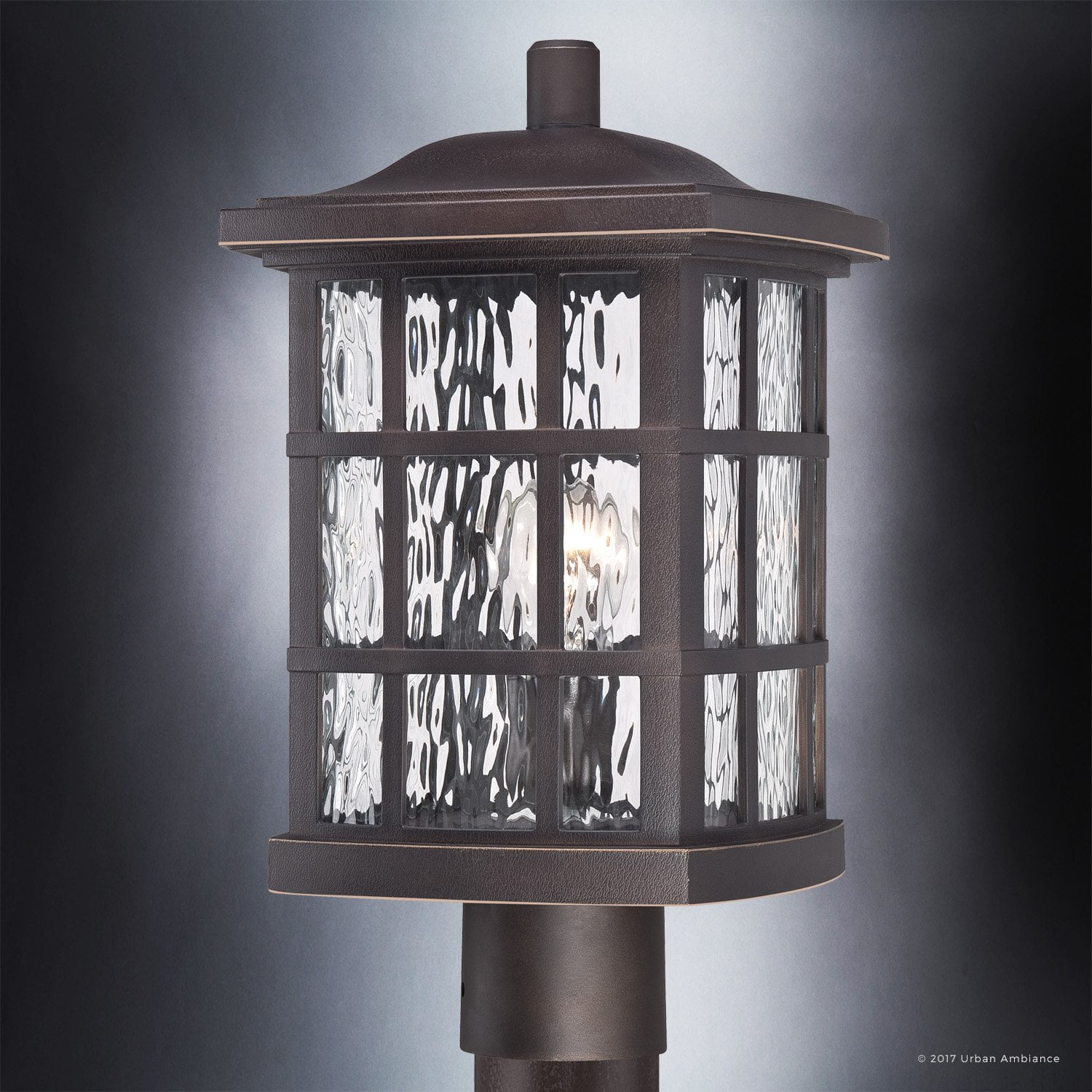 Urban Ambiance Luxury Craftsman Outdoor Post Light, Medium Size: 16.5"H x 9.5"W, with Tudor Style Elements, Highly-Detailed Design, Oil Rubbed Parisian Bronze Finish and Water Glass, UQL1247