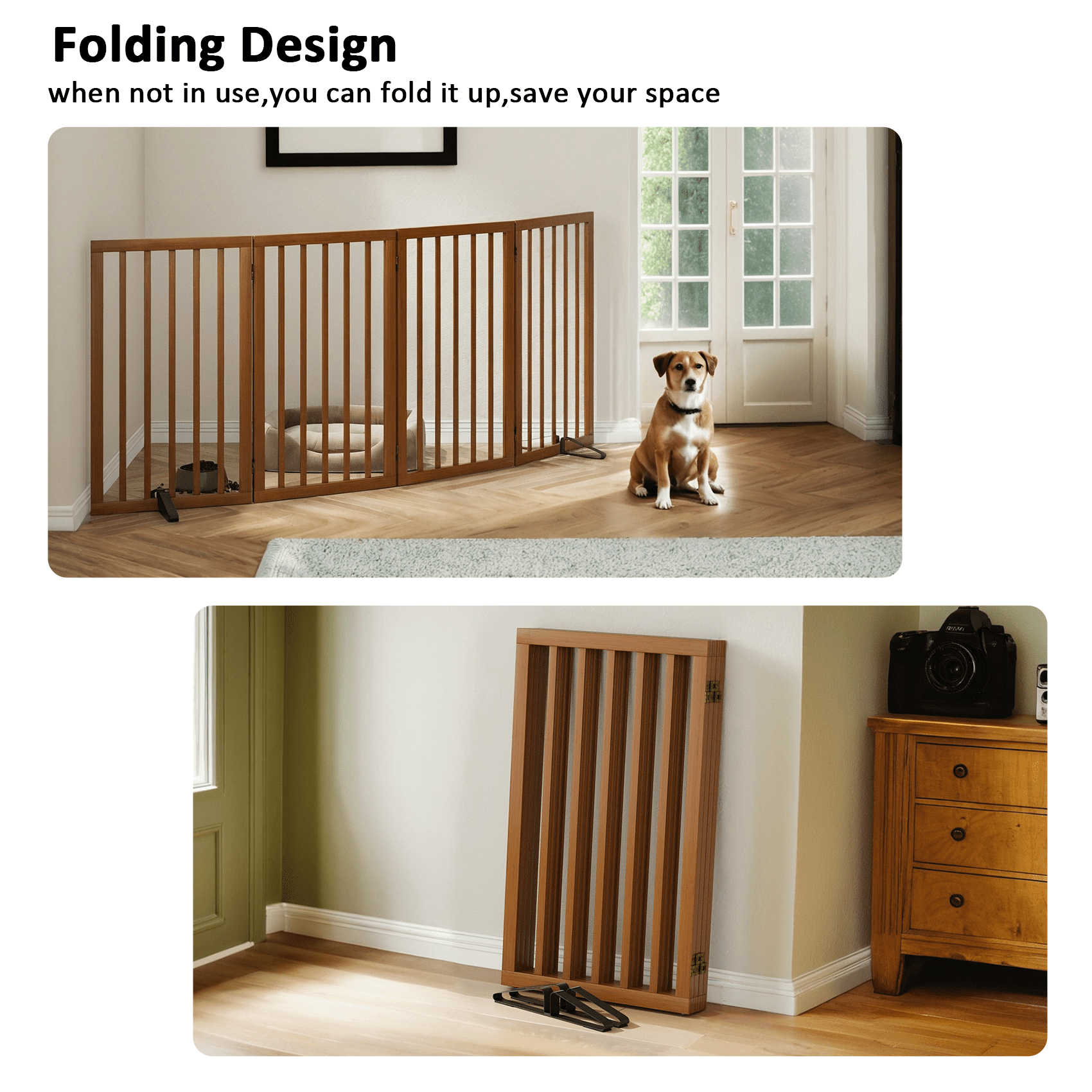 Smart FENDEE Bamboo Dog Gate Freestanding 4 Panel Pet Gate with 2 Support feet, 33" Tall, Walnut