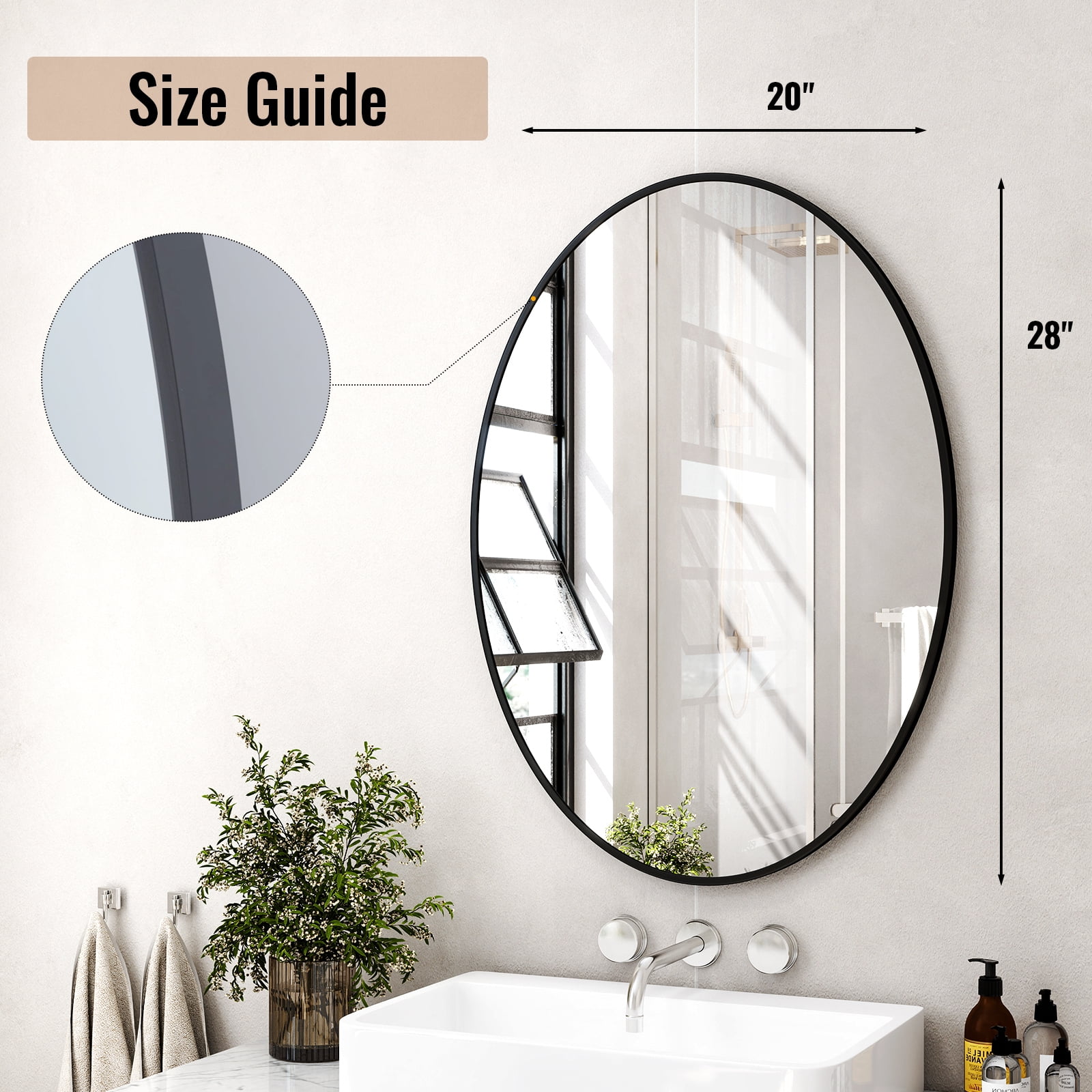AUROMIR 20"x28" Bathroom Mirror Oval Mirror Wall-Mounted Vanity Mirror,Black
