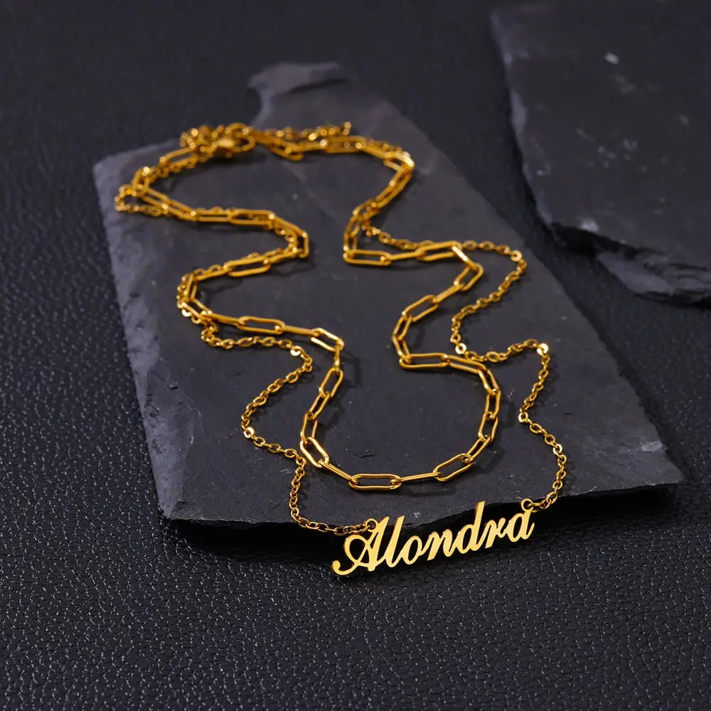 Custom Name Necklaces For Women Men 14K Yellow Gold Double Chains Customized Necklace Pendant Personalized Jewelry Gift