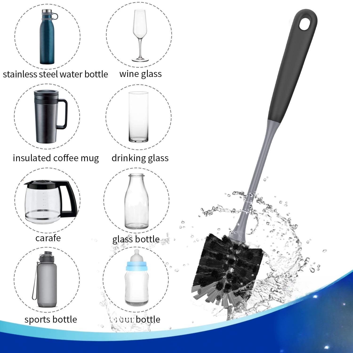 Long Handle Bottle Brush, Flexible Scrub Brush for Water Bottles, Glasswares, Mugs, Black, 2 Pack