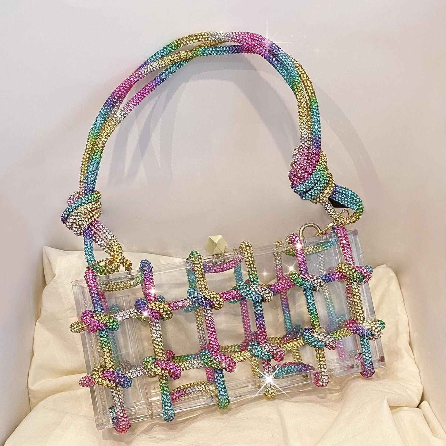 SQDWYGG Clear Acrylic Purse Bag with Rhinestones Clutch Purse Evening Clutches for Wedding and Party,1,1,1,Multicolour,Acrylic,Multi-color,Top-Handle Bag,Small