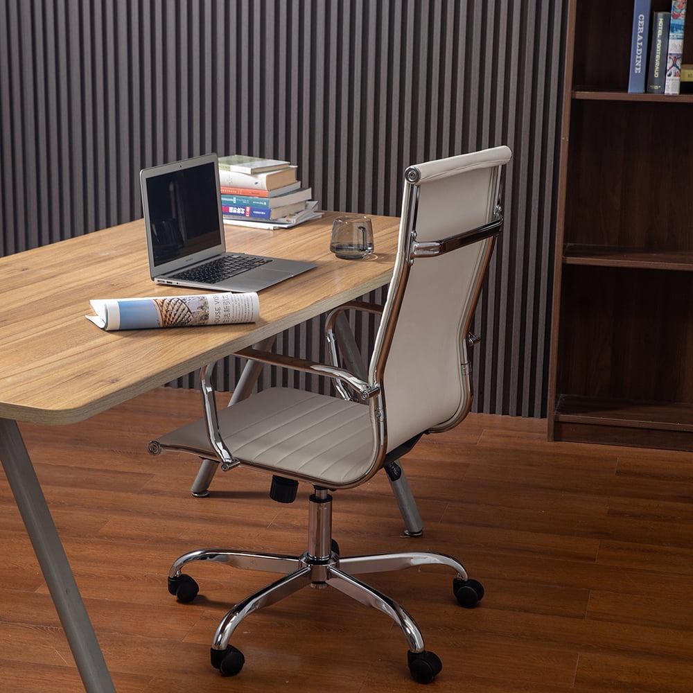 Kepooman Modern Ribbed Adjustable Swivel Rolling Computer Chair with Armrest for Home Office, White Kepooman Modern Ribbed Adjustable Swivel Rolling Computer Chair with Armrest for Home Office, White