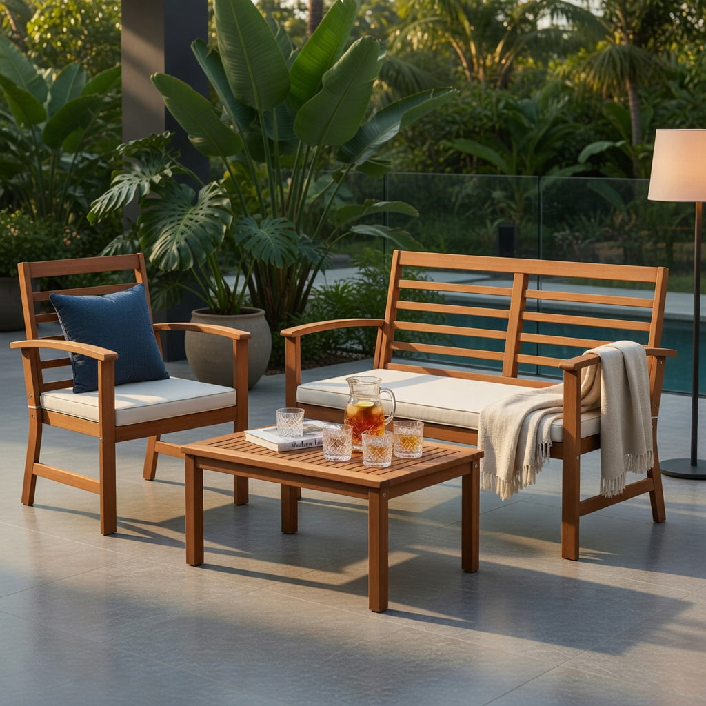 Hommoo 4-Piece Outdoor Patio Furniture Set, Acacia Wood Loveseat, 2 Chairs & Coffee Table, Durable, Weather-Resistant Backyard Seating, White