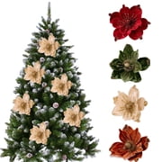 CoreLiving 1 Pc Artificial Poinsettia Flowers, Green Velvet Glitter Magnolia Floral Picks for Christmas Tree Ornaments, Decorative Holiday Wedding Party Accents