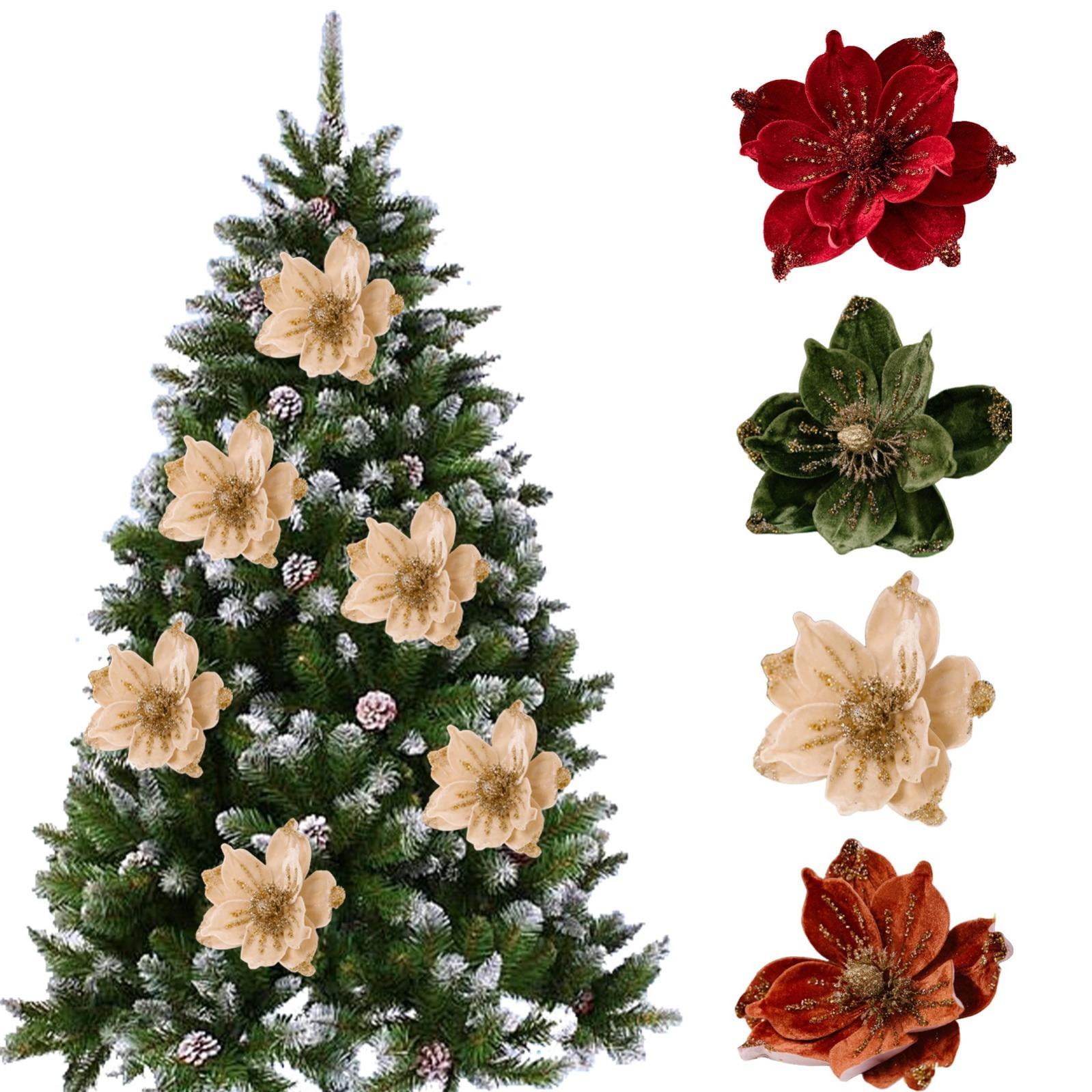 CoreLiving 1 Pc Artificial Poinsettia Flowers, Green Velvet Glitter Magnolia Floral Picks for Christmas Tree Ornaments, Decorative Holiday Wedding Party Accents