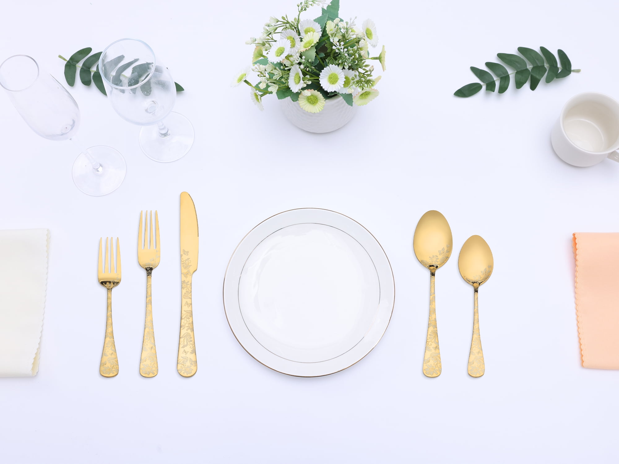 Unique Bargains 20 Pieces Stainless Steel Silverware Set Flatware Set Gold