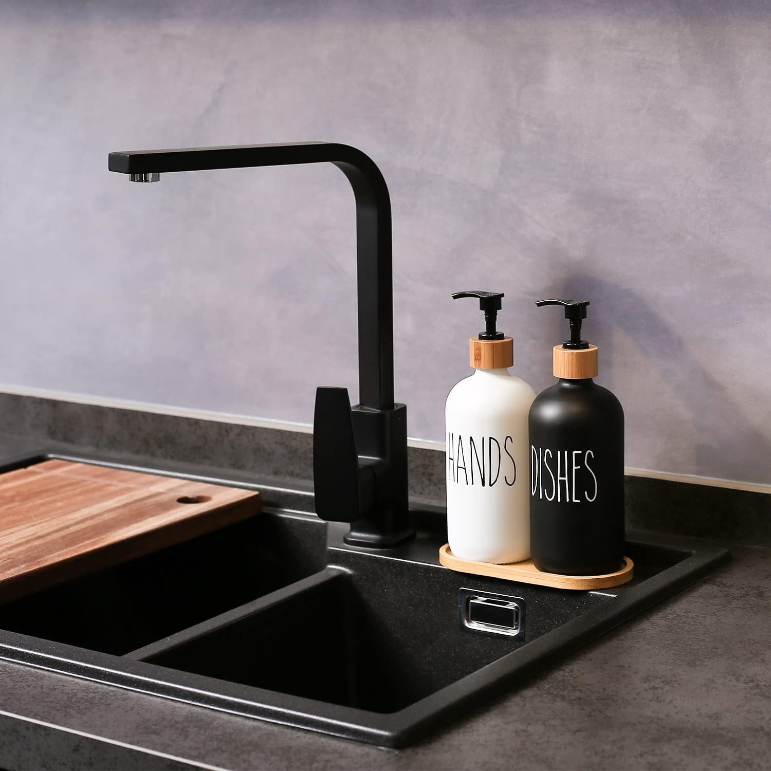WOVTE Glass Hand and Dish Soap Dispenser Set, Kitchen Soap Dispenser Set with Tray, Suitable for Kitchen Sink, Housewarming Gift, Countertop Decor, Rustic Kitchen Decor (Black&White, 16oz)