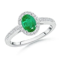 ANGARA Natural Classic Oval Emerald Halo Ring with Diamond Accents in 14K White Gold for Women (Size-6x4mm) | May Birthstone, Birthday, Anniversary, Jewelry Gift for Women | Natural Emerald Ring