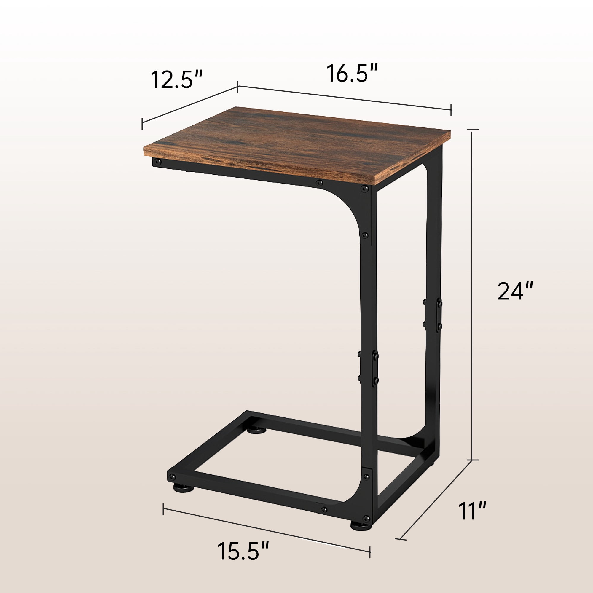 Melocadol C-Shaped End Table, C Shaped Under Couch Slider, Small Side Tables with Metal Frame, Adjustable Feet, for Living Room, Bedside, Sofa, TV Dinner, Recliner, Dark Brown