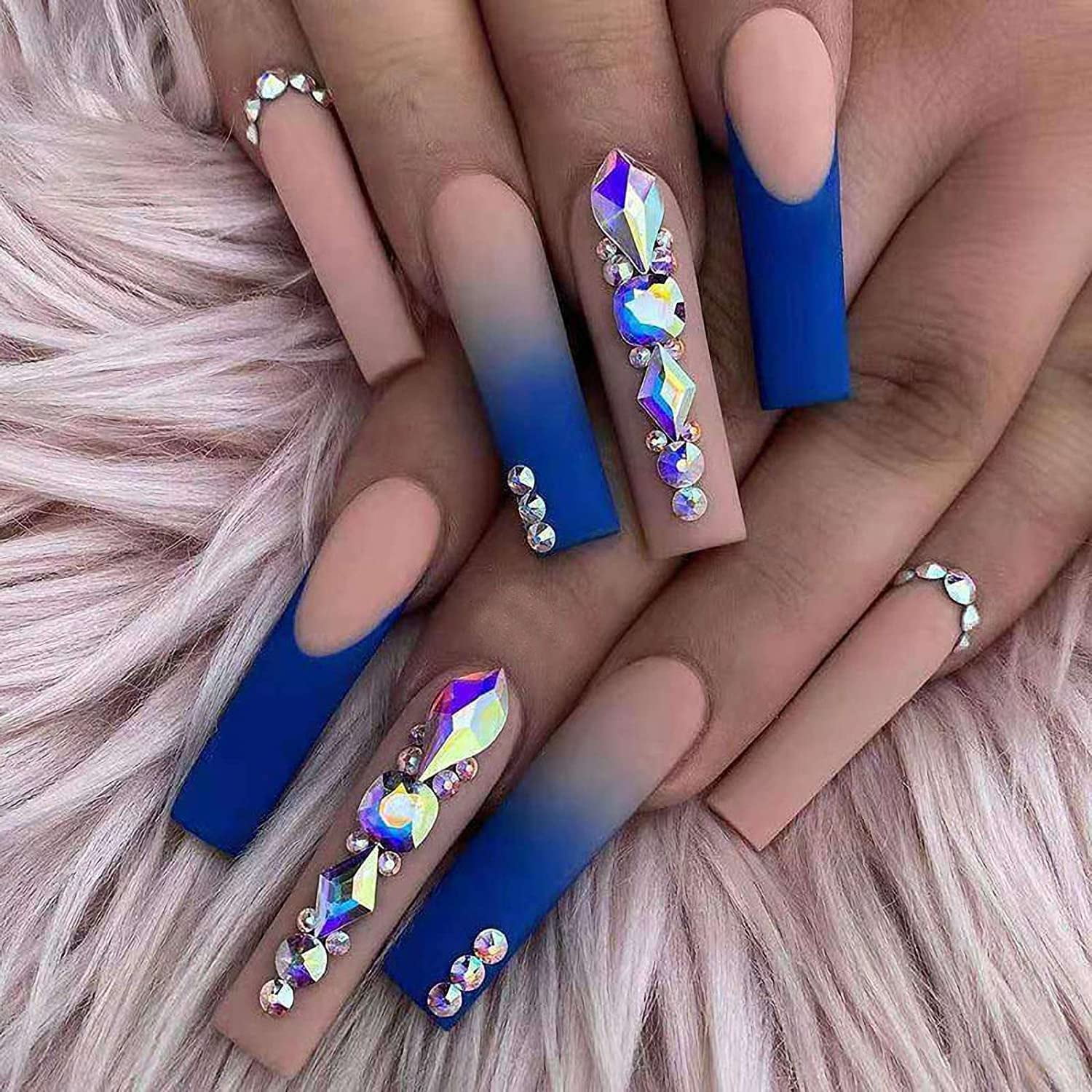 24Pcs French Fake Nails, Extra Long Coffin Matte False Nails, Gradient Glue  on Nails Ballerina Rhinestone Press on Nails with Design for Women and  Girls (Pink and Blue) 
