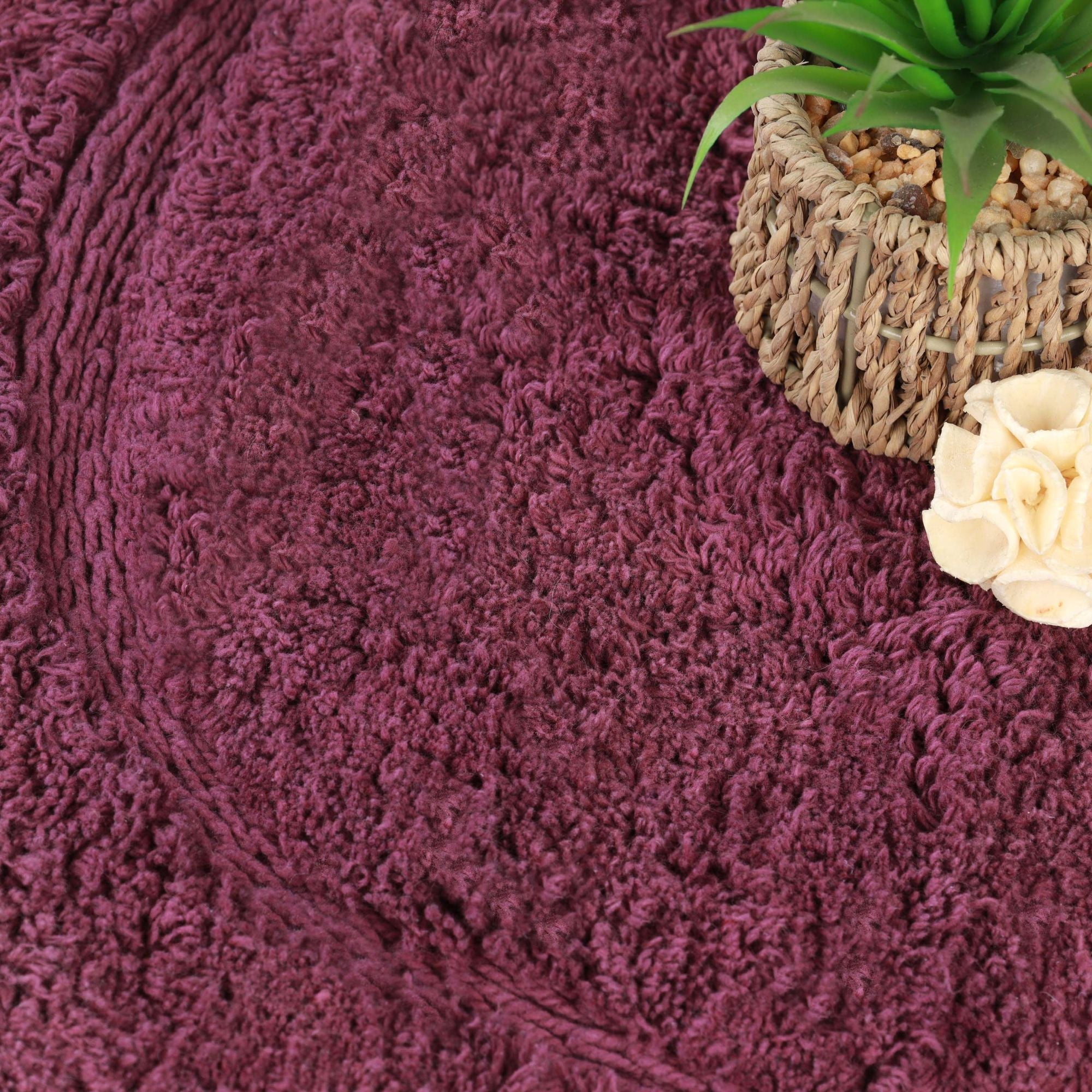 Superior Oval Bordered Cotton Washable Non-Slip Bath Rug, Runner Size, Plum