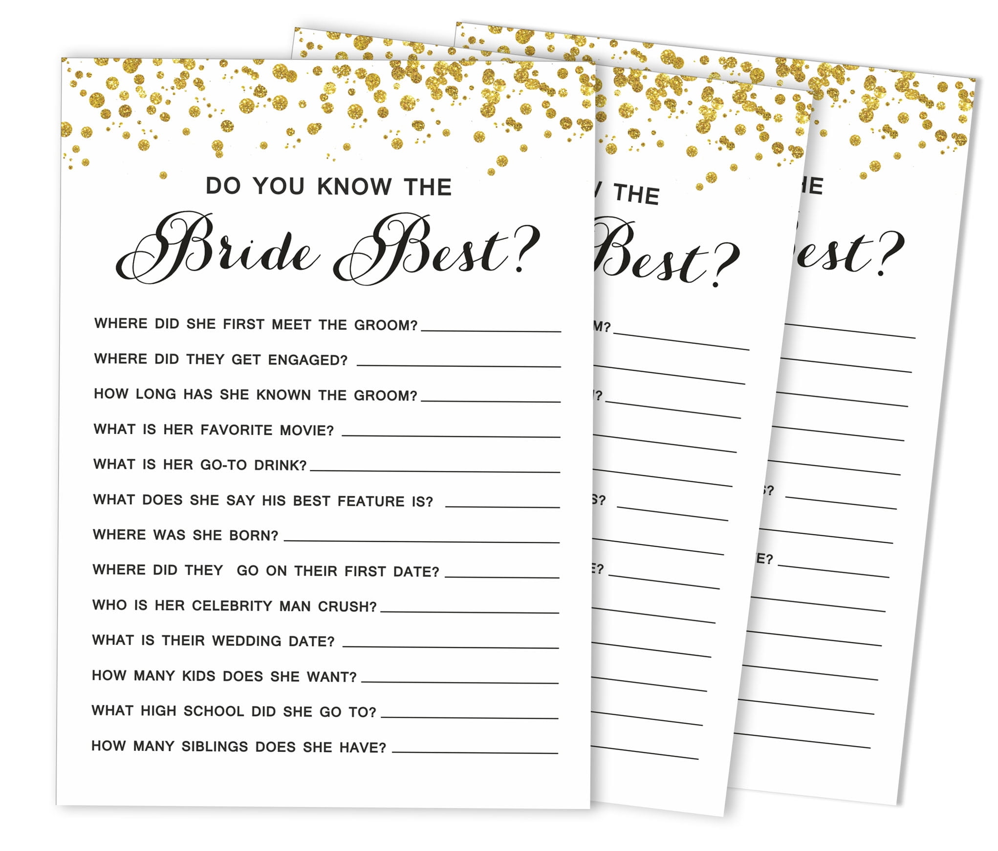 Who Knows The Bride Best Game Cards - 50 Pack Gold Confetti Bridal Shower Activity For Bachelorette Parties - View #8