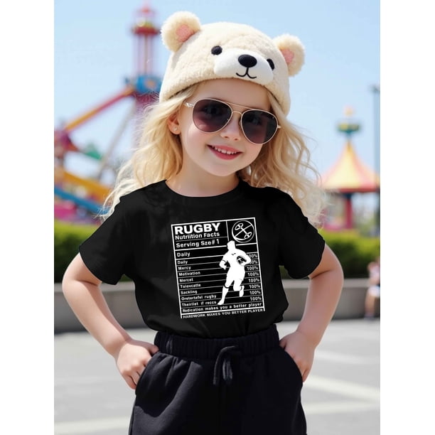 Girls' Cute Rugby-Themed Cotton T-Shirt - Soft & Comfy Short Sleeve, Round Neck, Casual Summer Top with Playful "Rugby Nutrition Facts" Print, Lightweight & Breathable for Casual At